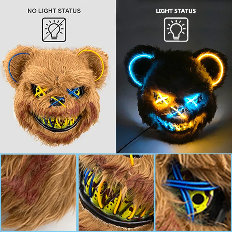 Halloween Horror Light Up Mask Glowing Bloody Bear Killer Mask Flashing Neon Scary Bear Mask for Cosplay Mask Purim Props