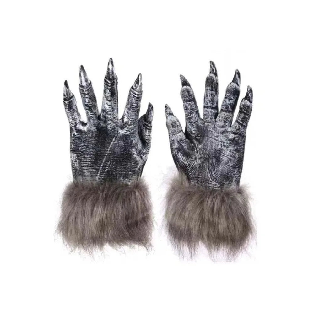Latex Werewolf Mask Realistic Faux-fur Scary Wolf Headwear Odorless Textured Furry Monster Claws Halloween Party