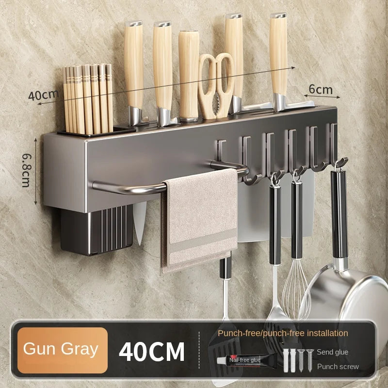 Wall-Mounted Kitchen Storage Rack – Steel Organizer for Knives, Chopsticks & Utensils