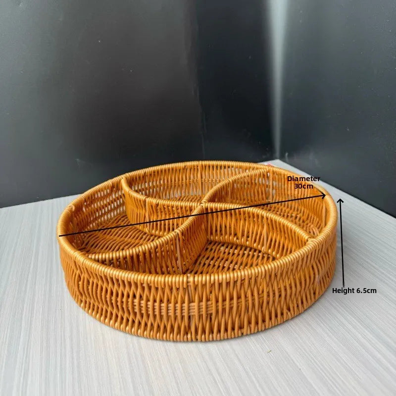 Divided Imitation Rattan Snack Basket Handwoven Serving Tray Boho Rustic Organizer For Home Party Hotel Kitchen Table Decor