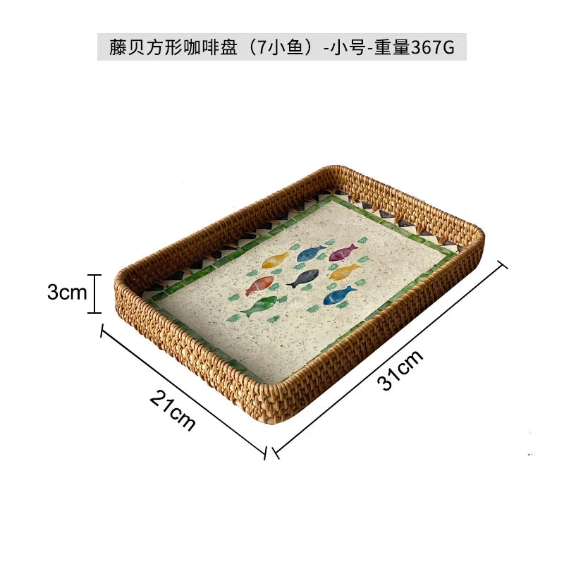 Natural Handwoven Rattan Shell Tray for Home Kitchen Decorative Storage Serving