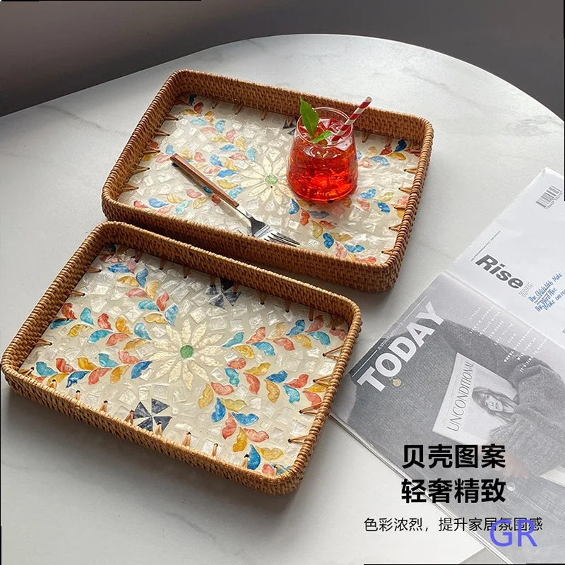 Natural Handwoven Rattan Shell Tray for Home Kitchen Decorative Storage Serving