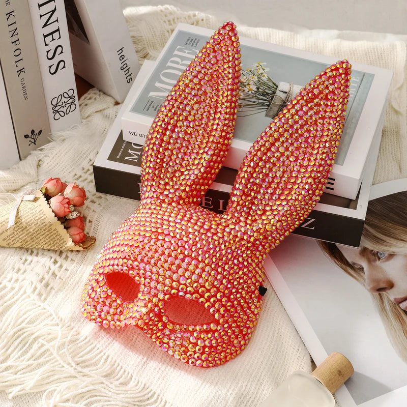 Rabbit Party Masquerade Glitter Mask for Women Theater Performances Full Acrylic Rhinestone Face Mask Costume for Photo Shoots