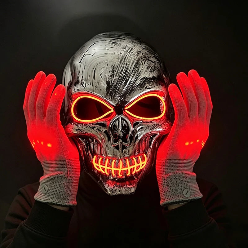 Halloween LED Skull Mask with Light Up Gloves EL Wire Glowing Skeleton Mask Lighted Flashing LED Gloves Set for Cosplay Party