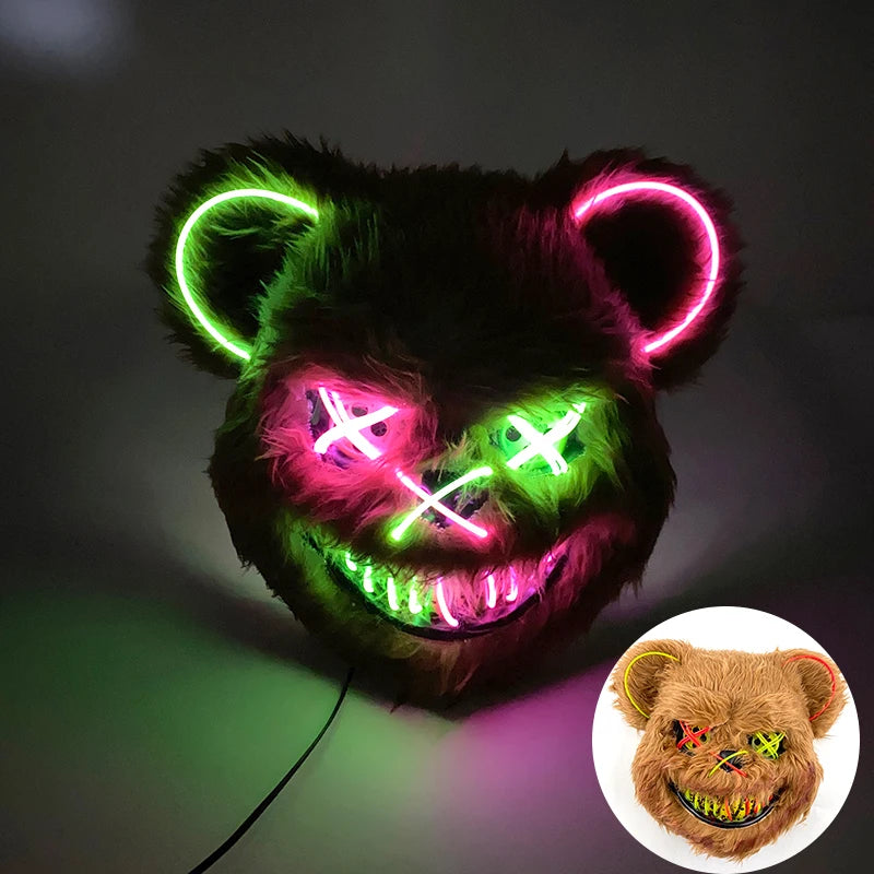 Halloween Horror Light Up Mask Glowing Bloody Bear Killer Mask Flashing Neon Scary Bear Mask for Cosplay Mask Purim Props