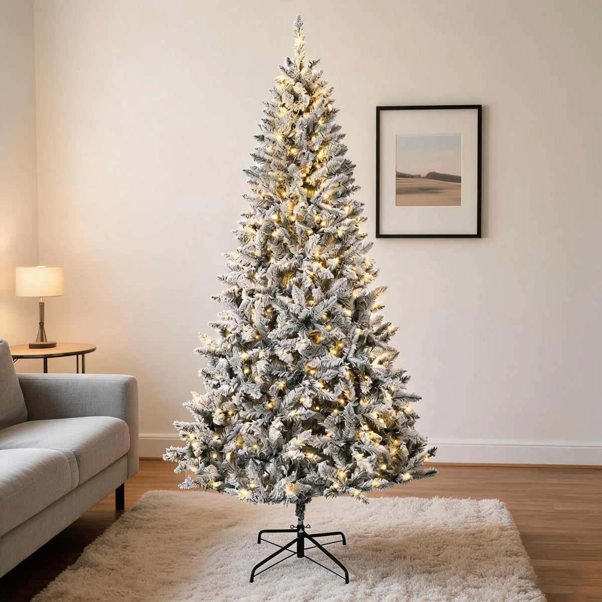 6Ft/7.5Ft Pre-Lit Flocked Christmas Tree, 200/400 Warm White Lights, 508/900 Tips, Snowy Artificial Tree With Metal Stand