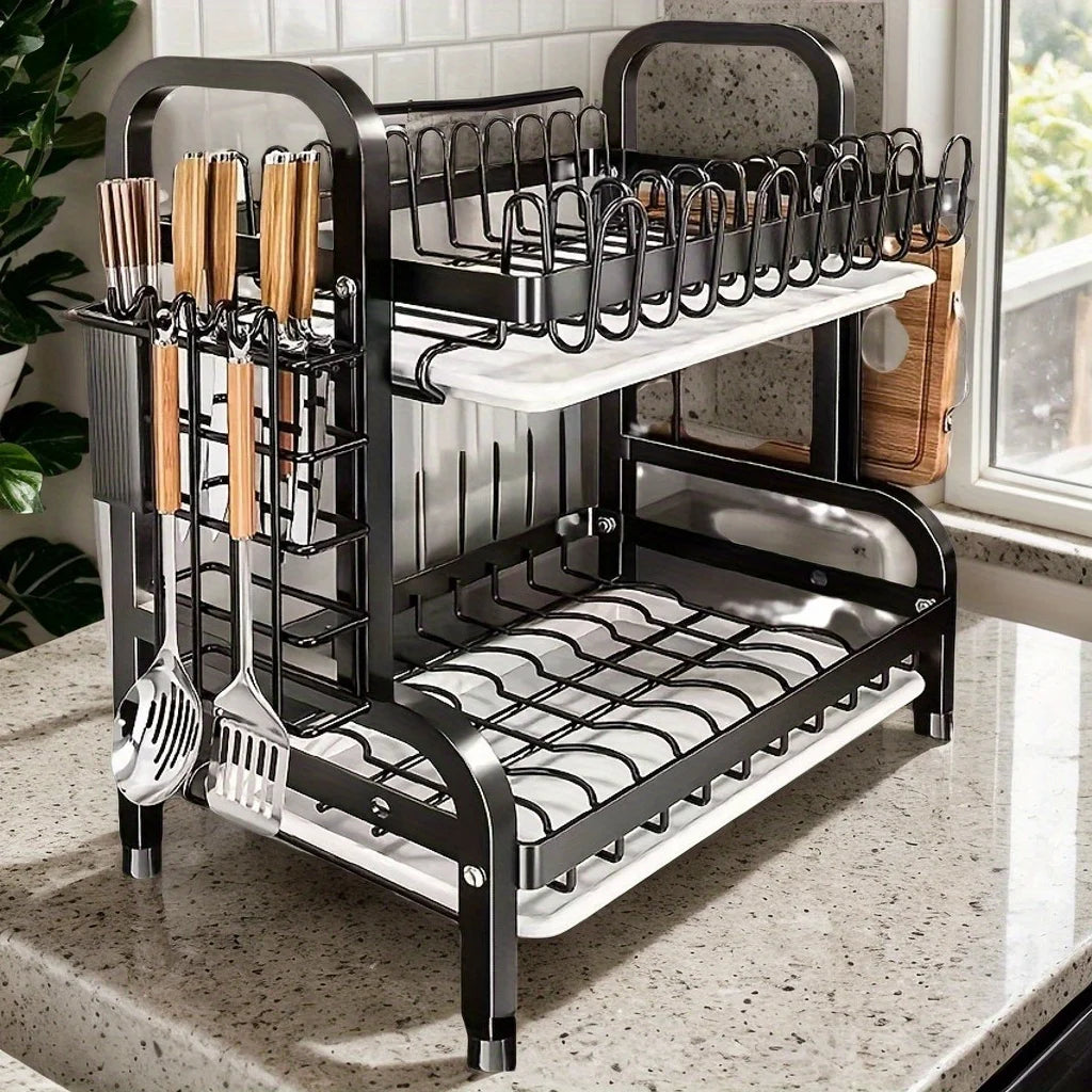 2-3 Tier Steel Dish Drying Rack with Drainage System – Kitchen Storage Organizer for Plates & Utensils