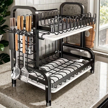 2-3 Tier Steel Dish Drying Rack with Drainage System – Kitchen Storage Organizer for Plates & Utensils