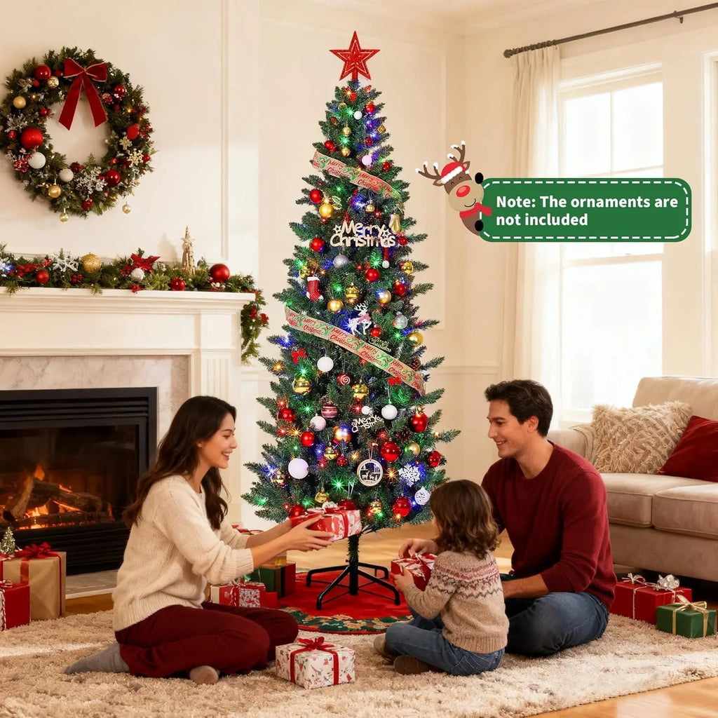 Tacleekii 4.5FT -9 FT Artificial Christmas Tree with Lights 9 Adjustment Modes Prelit Pencil Tree for Home Office Decor Skinny Space-Saving Holiday Xmas Tree with Warm LEDs, Easy Assembly