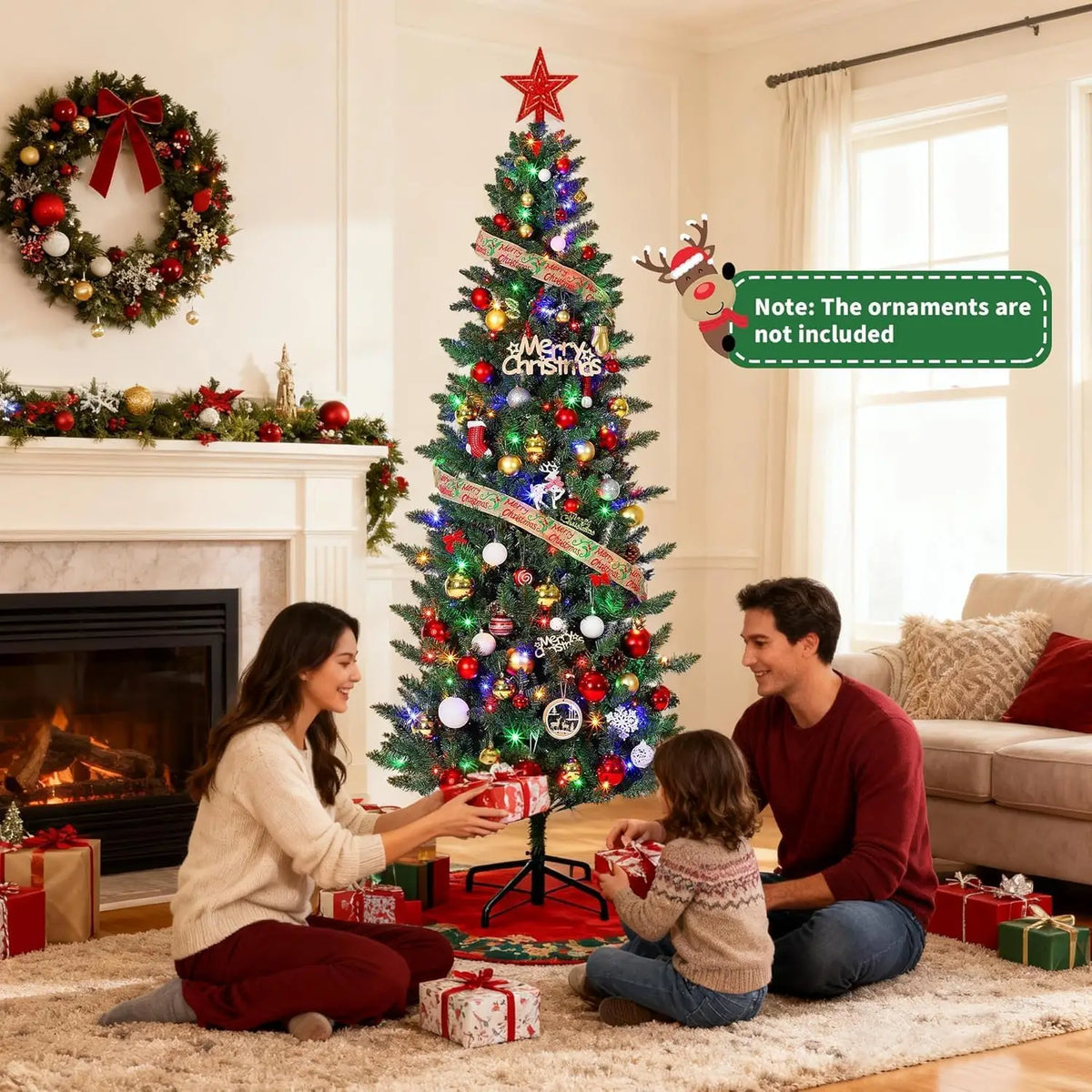 Tacleekii 4.5FT -9 FT Artificial Christmas Tree with Lights 9 Adjustment Modes Prelit Pencil Tree for Home Office Decor Skinny Space-Saving Holiday Xmas Tree with Warm LEDs, Easy Assembly
