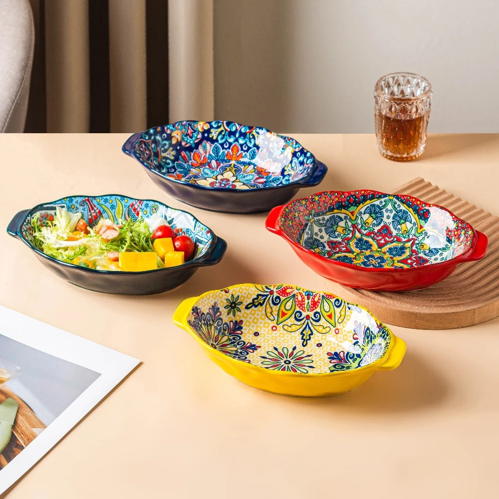 New Bohemian Egg-shaped Ceramic Baking Pan Pasta Plate Fruit Salad Plate Colorful Combination Set 9 inch