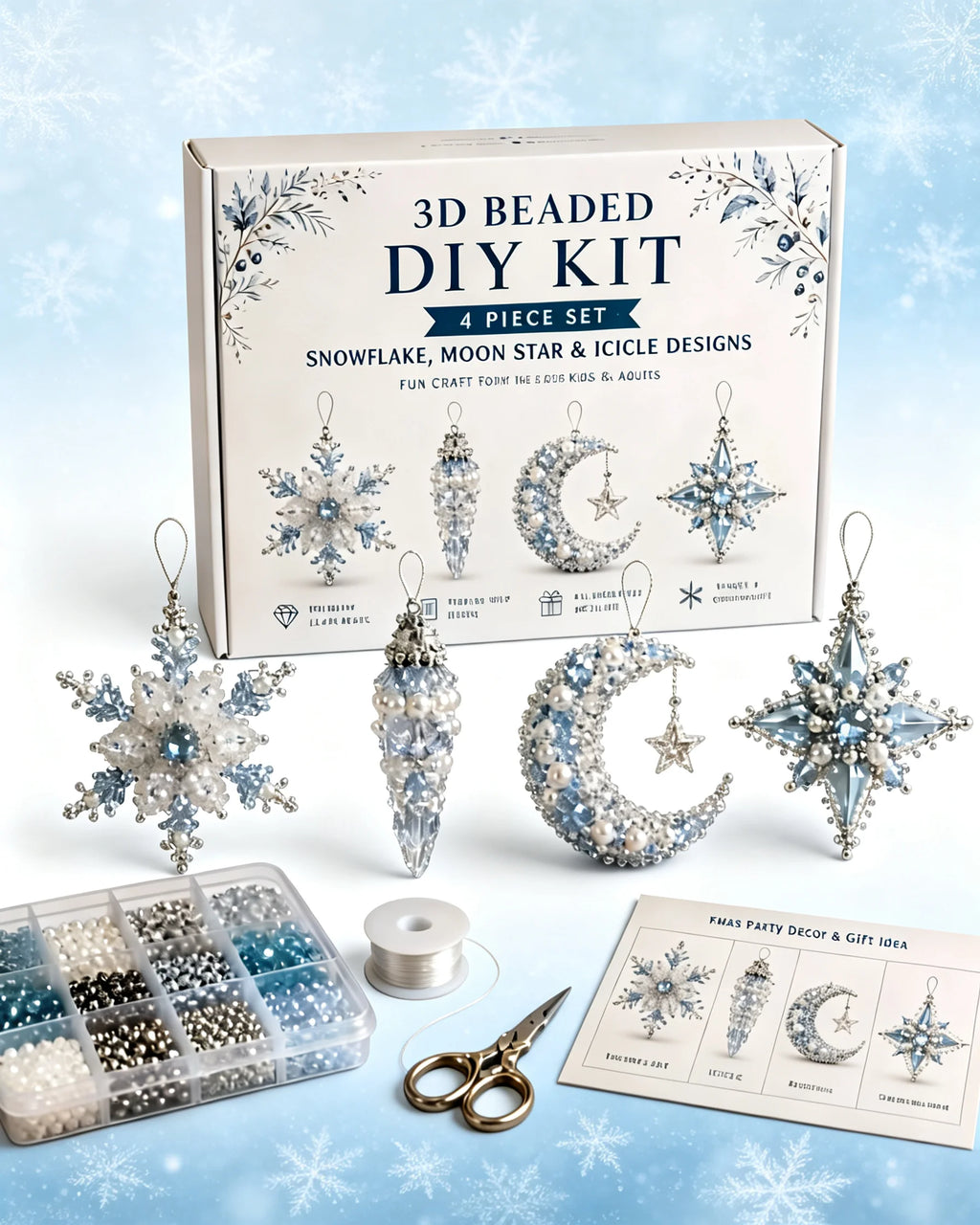 4-piece Christmas bead decoration DIY set, snowflake shaped decoration suitable for adults as Christmas party decoration or gift