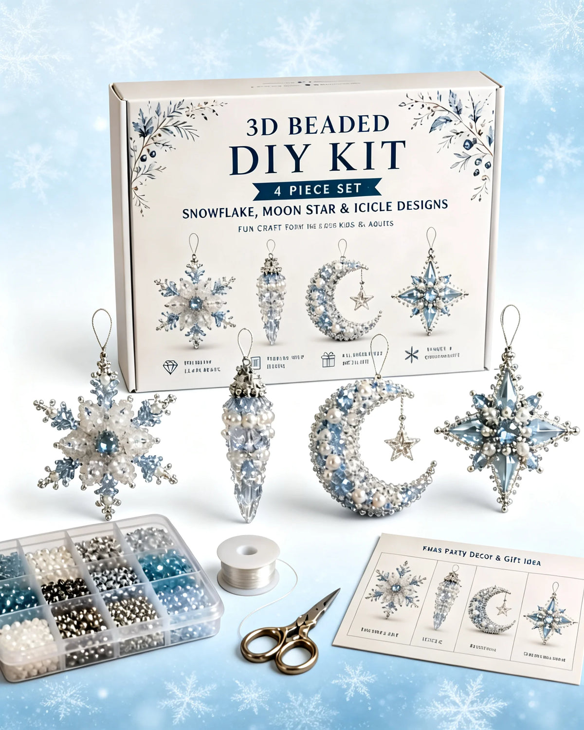 4-piece Christmas bead decoration DIY set, snowflake shaped decoration suitable for adults as Christmas party decoration or gift