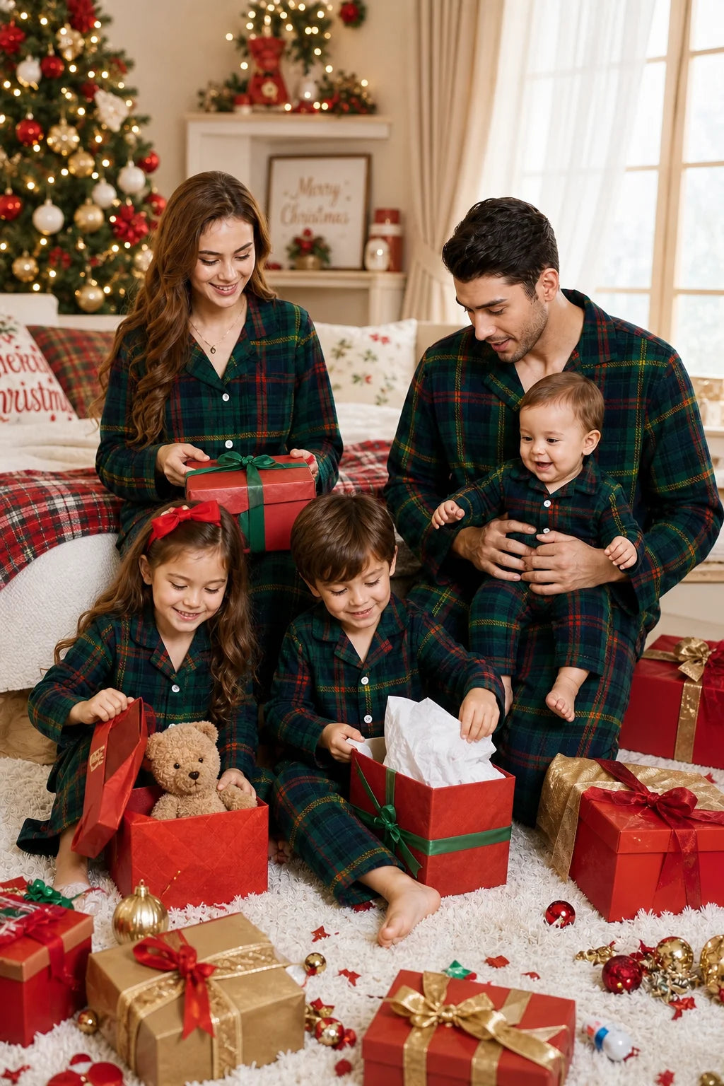 Xmas Party Look Wear Family Matching Pajamas Set Green Plaid Button Shirt+Long Pants Parent-child Sleepwear Christmas Pyjamas