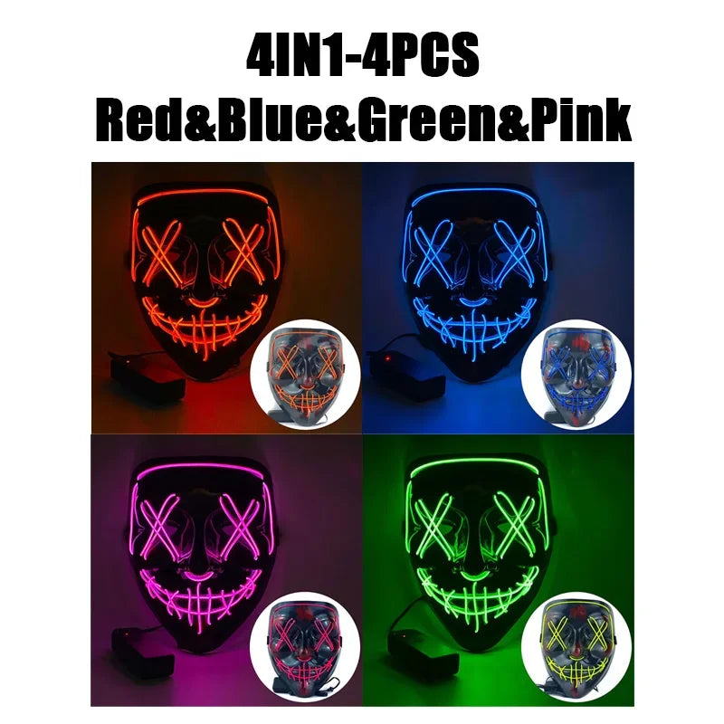 LED Halloween Mask Glow in The Dark Scary Terror Face Cover Bright Scream Light Up Costume for Men Carnival Party