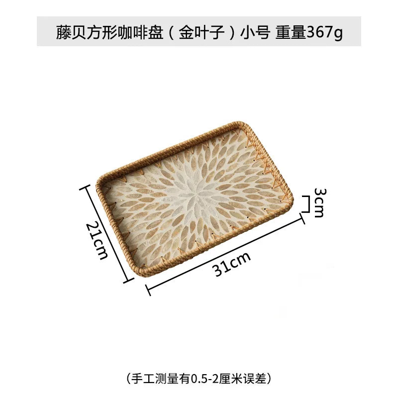 Natural Handwoven Rattan Shell Tray for Home Kitchen Decorative Storage Serving