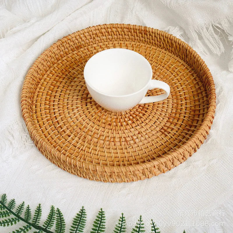 Hand-Woven Vietnam Rattan Round Tray Basket Japanese Style Bread Basket Steamed Bread Basket for Living Room Home Storage Fruit