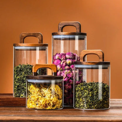 Clear Glass Food Storage Jar with Bamboo Lid – Airtight Canister for Tea, Coffee, Sugar & Spices