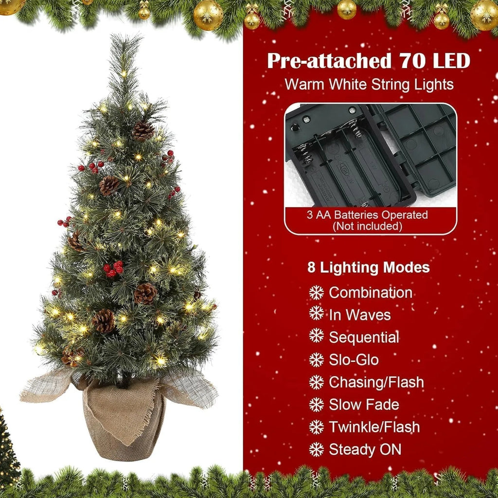3ft Artificial Christmas Tree Pre Lit with 78 LED Lights Snow Flocked Mini Xmas Tree Tabletop Potted Tree with Burlap Base Red Berries Pine Cones for Home Office Holiday Decor