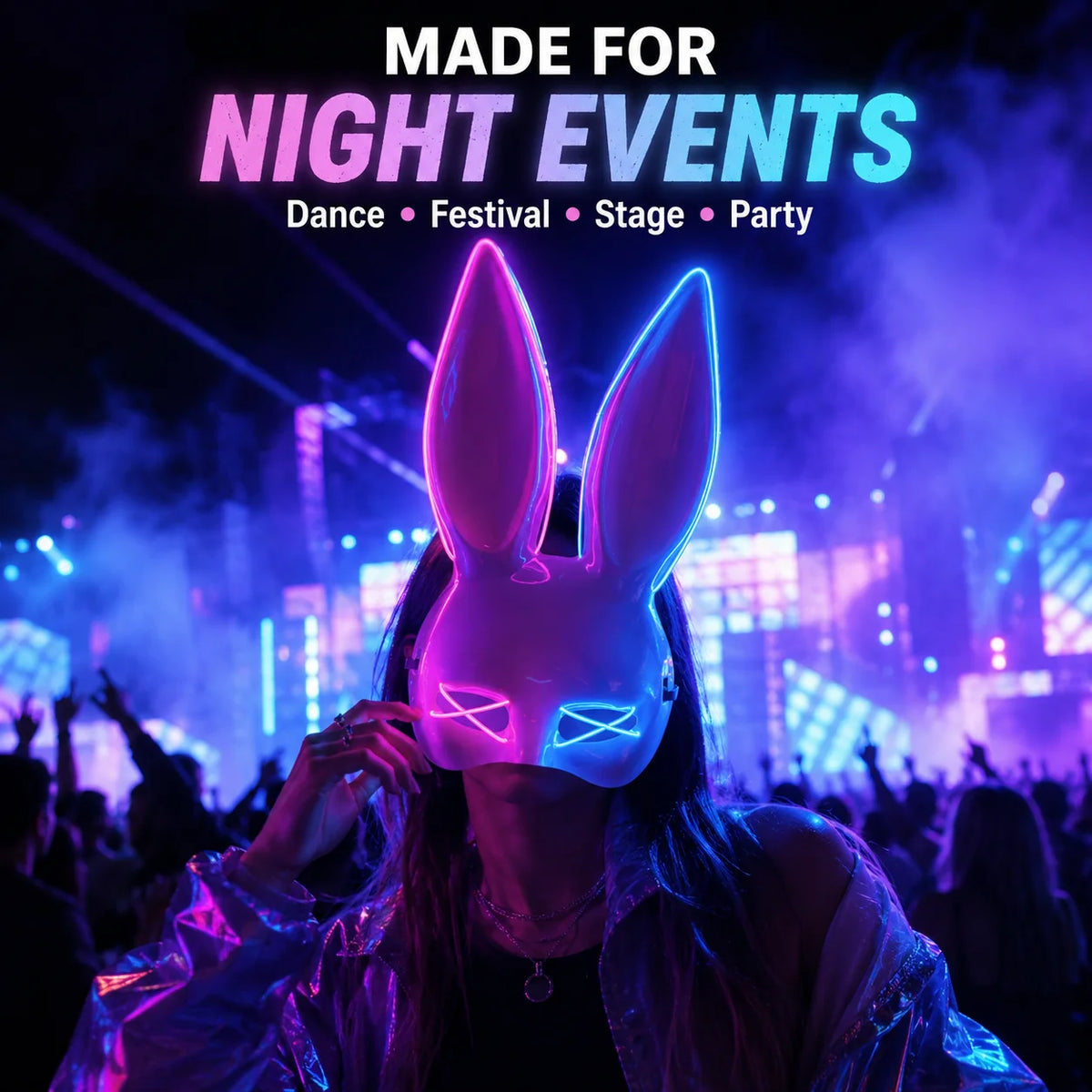 Light Up Rabbit Ear Mask, LED Bunny Mask for Party Dance Festival Halloween Costume Props