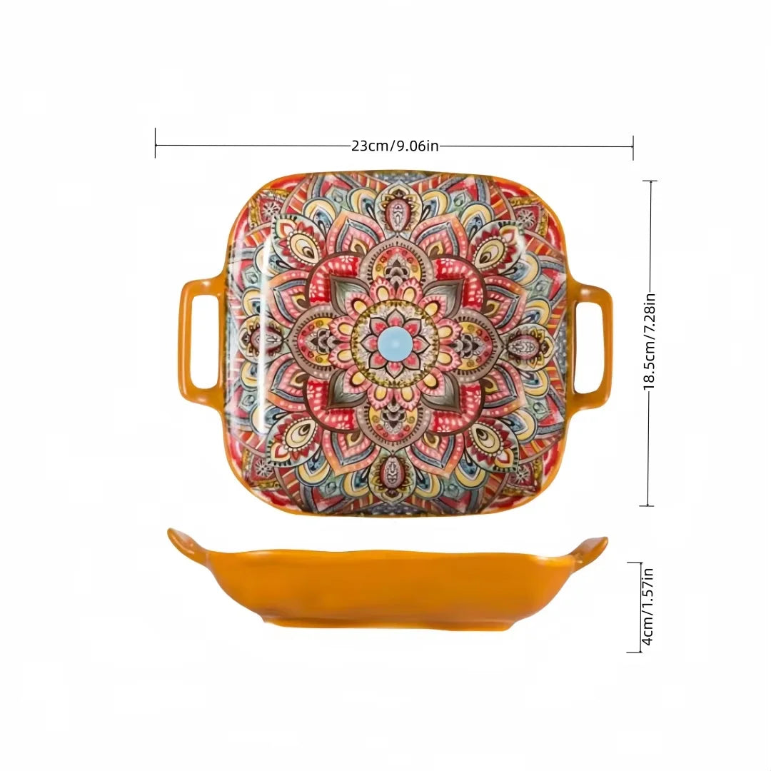 Bohemian Double Ear Square Ceramic Plate Creative Household Dish Plate Net Red Fruit Spaghetti Plate Oven Microwave Oven-9inch