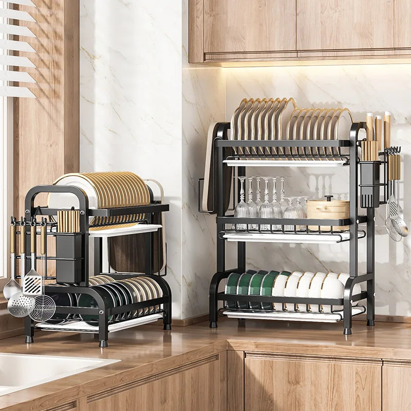 2-3 Tier Steel Dish Drying Rack with Drainage System – Kitchen Storage Organizer for Plates & Utensils
