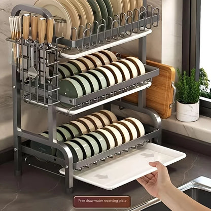 2-3 Tier Steel Dish Drying Rack with Drainage System – Kitchen Storage Organizer for Plates & Utensils