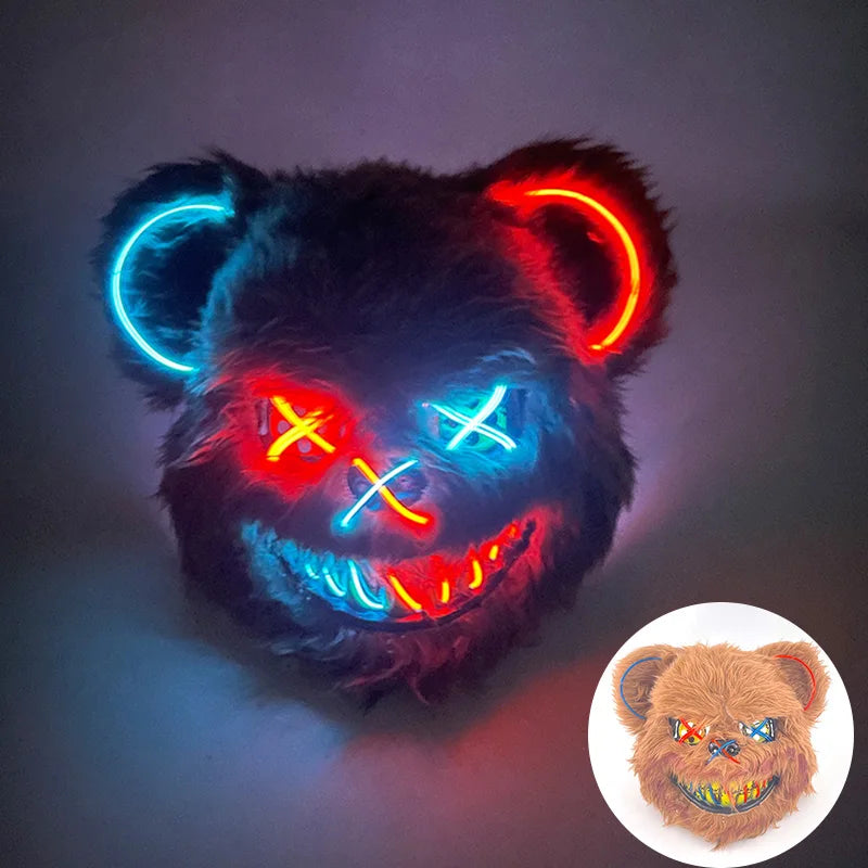 Halloween Horror Light Up Mask Glowing Bloody Bear Killer Mask Flashing Neon Scary Bear Mask for Cosplay Mask Purim Props