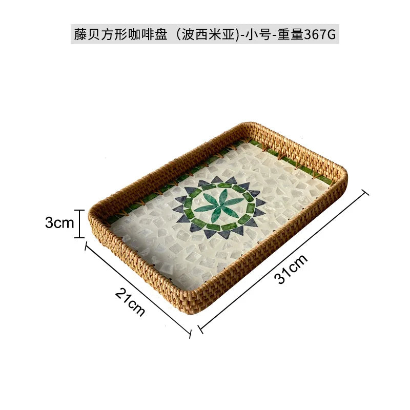 Natural Handwoven Rattan Shell Tray for Home Kitchen Decorative Storage Serving