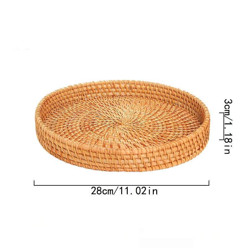 Hand-Woven Vietnam Rattan Round Tray Basket Japanese Style Bread Basket Steamed Bread Basket for Living Room Home Storage Fruit