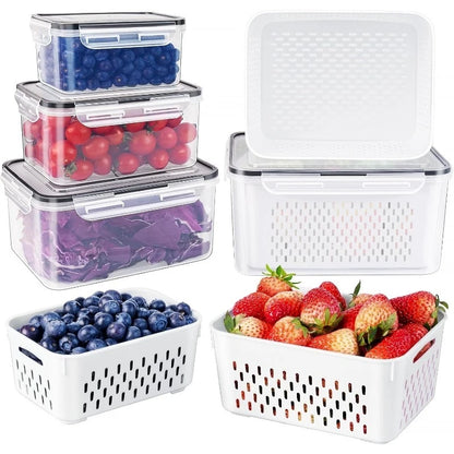 6-Piece Refrigerator Food Storage Container Set with Drain Basket – Sealed Fruit & Vegetable Boxes