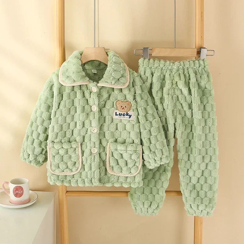 New Kids Boys Girls Autumn Winter Flannel Thicken Pajamas Baby Cartoon Long Sleeve Lapel Tops with Pants Sleeping Clothing Sets