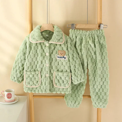 New Kids Boys Girls Autumn Winter Flannel Thicken Pajamas Baby Cartoon Long Sleeve Lapel Tops with Pants Sleeping Clothing Sets