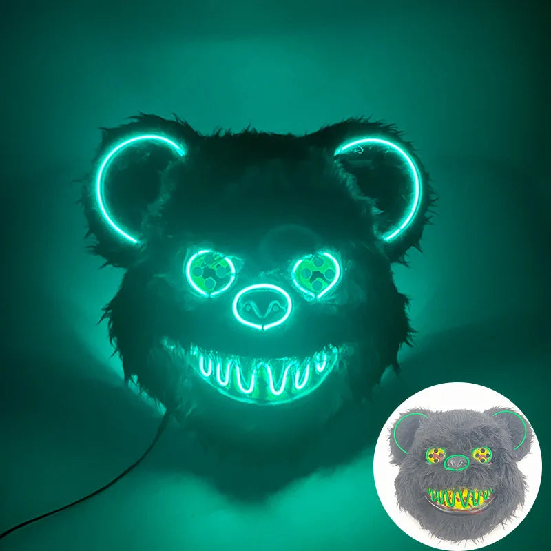 Halloween Horror Light Up Mask Glowing Bloody Bear Killer Mask Flashing Neon Scary Bear Mask for Cosplay Mask Purim Props