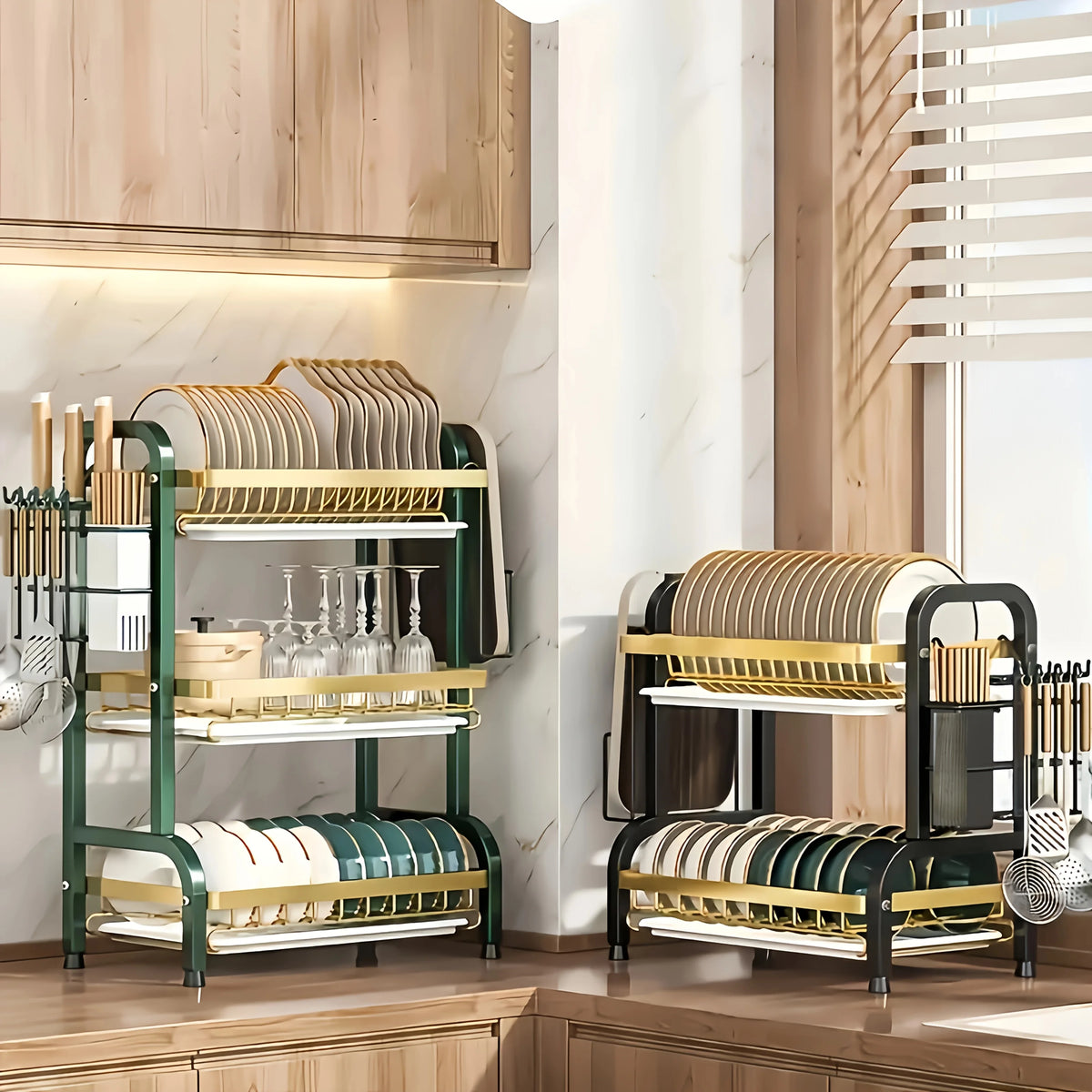 2-3 Tier Steel Dish Drying Rack with Drainage System – Kitchen Storage Organizer for Plates & Utensils