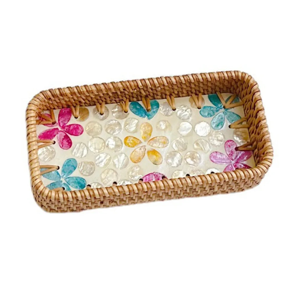 Hand Woven Splicing Shell Rattan Basket Rattan Weaving Colorful Weaving Fruit Basket Household Decorative Rattan Shell Tray