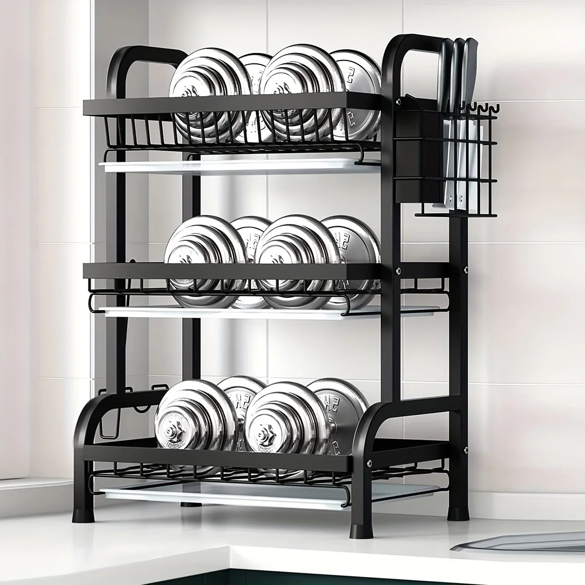 2-3 Tier Steel Dish Drying Rack with Drainage System – Kitchen Storage Organizer for Plates & Utensils