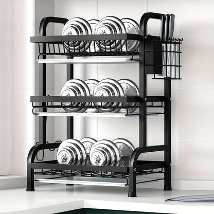 2-3 Tier Steel Dish Drying Rack with Drainage System – Kitchen Storage Organizer for Plates & Utensils