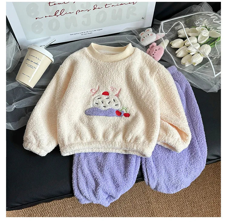 Children's Sets Girls Winter Pajama Set Cute Cartoon Print Thick Warm Toddler Fleece-Lined Sleepwear Kids Home Clothes
