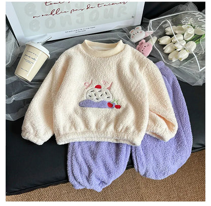 Children's Sets Girls Winter Pajama Set Cute Cartoon Print Thick Warm Toddler Fleece-Lined Sleepwear Kids Home Clothes