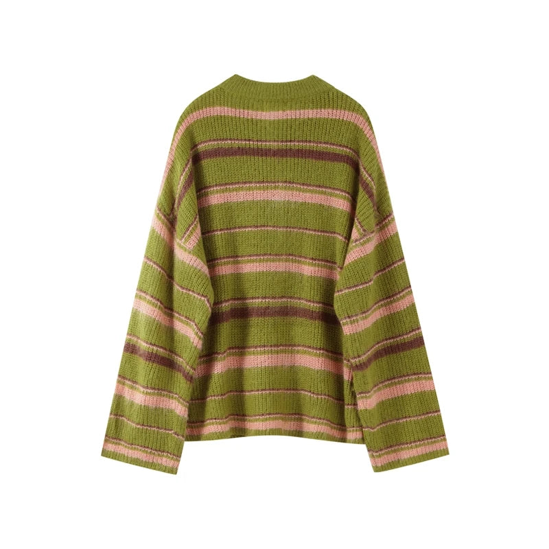 Casual Striped Women's Cardigan 2026 Autumn Loose Contrast Single Breasted O-neck Long Sleeve Knitted Female Fashion Sweater