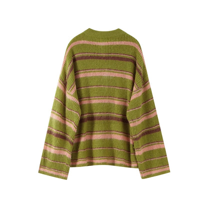 Casual Striped Women's Cardigan 2026 Autumn Loose Contrast Single Breasted O-neck Long Sleeve Knitted Female Fashion Sweater