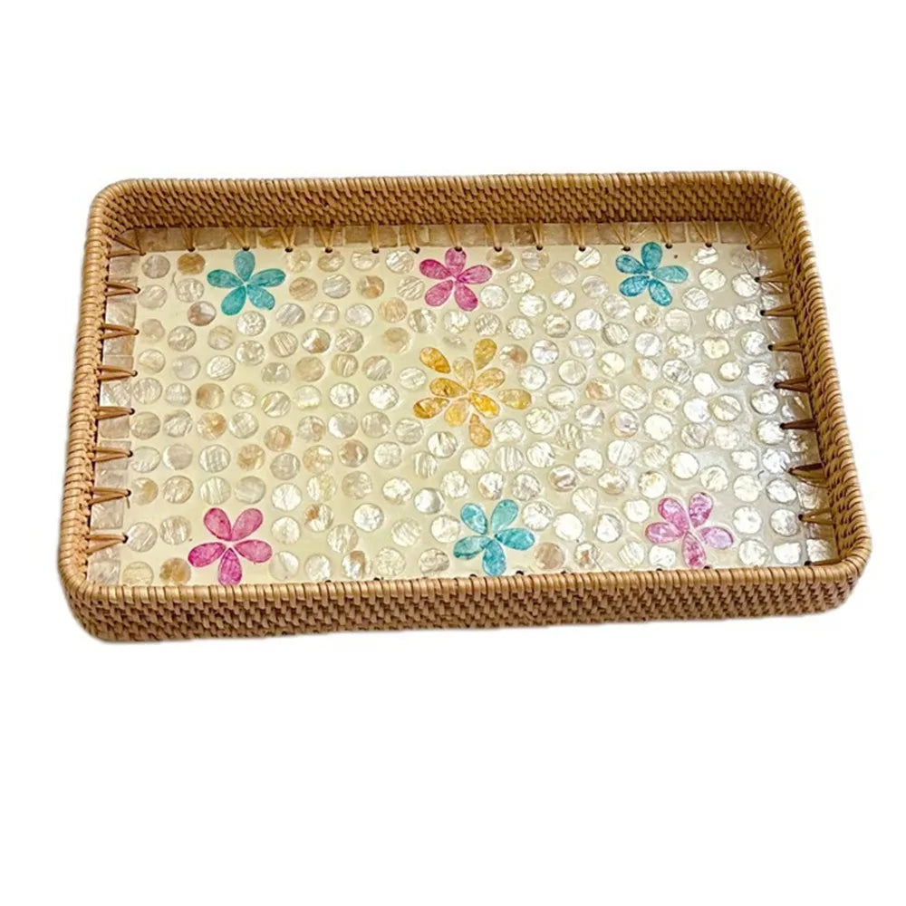 Hand Woven Splicing Shell Rattan Basket Rattan Weaving Colorful Weaving Fruit Basket Household Decorative Rattan Shell Tray