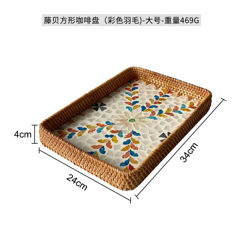 Natural Handwoven Rattan Shell Tray for Home Kitchen Decorative Storage Serving