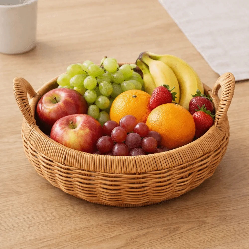 Large Capacity Imitation Rattan Storage Basket Plastic Handmade Round Rattan Storage Tray Decorative with Handle