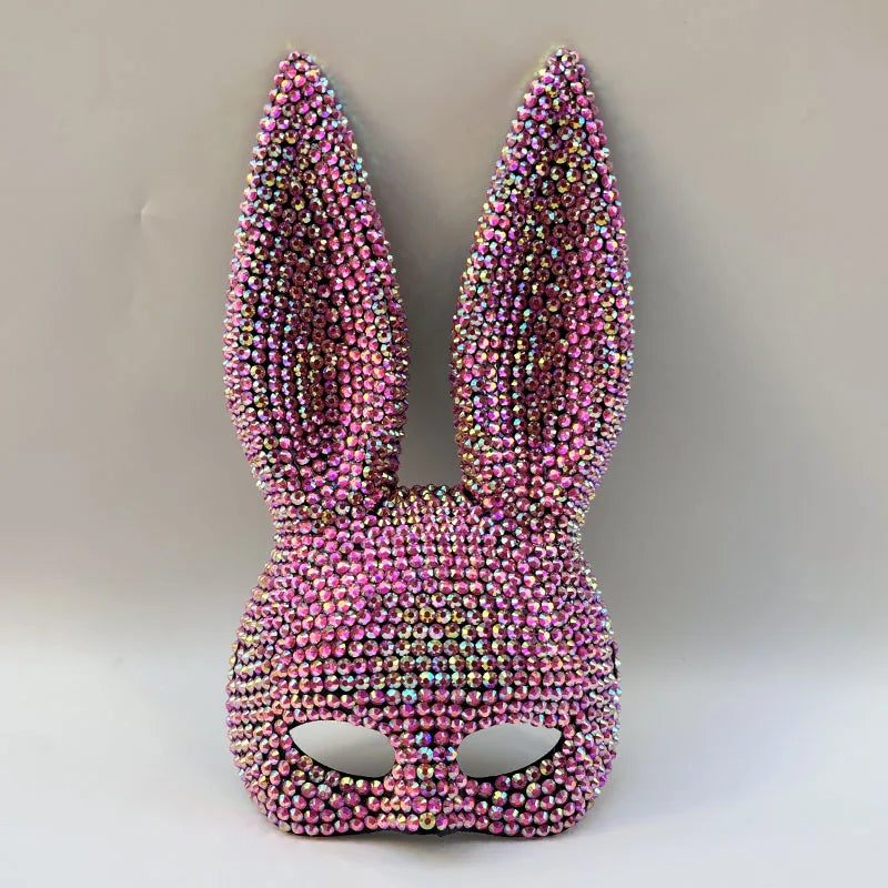 Rabbit Party Masquerade Glitter Mask for Women Theater Performances Full Acrylic Rhinestone Face Mask Costume for Photo Shoots