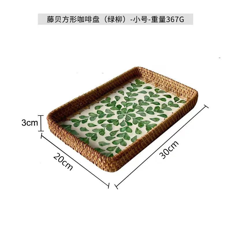 Natural Handwoven Rattan Shell Tray for Home Kitchen Decorative Storage Serving