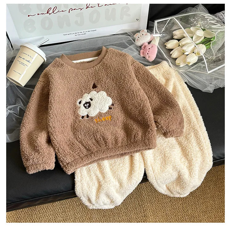 Children's Sets Girls Winter Pajama Set Cute Cartoon Print Thick Warm Toddler Fleece-Lined Sleepwear Kids Home Clothes