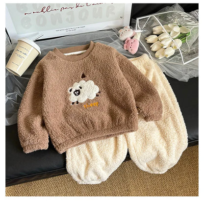 Children's Sets Girls Winter Pajama Set Cute Cartoon Print Thick Warm Toddler Fleece-Lined Sleepwear Kids Home Clothes