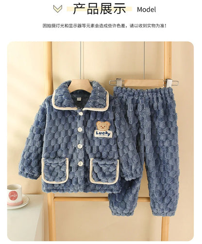 New Kids Boys Girls Autumn Winter Flannel Thicken Pajamas Baby Cartoon Long Sleeve Lapel Tops with Pants Sleeping Clothing Sets